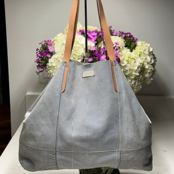 Diesel All Leather Inside & Out Blue & White Stripe Shoulder Bag + Pouch EUC - Picture 1 of 16